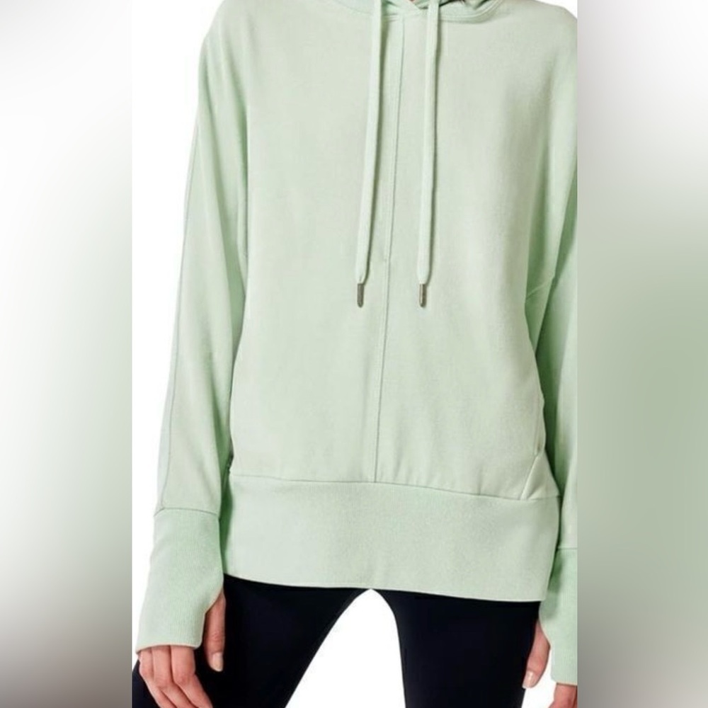 Sweaty Betty Green Blue Mist Liberate Luxe Fleece Pullover Hoodie Made in Italy